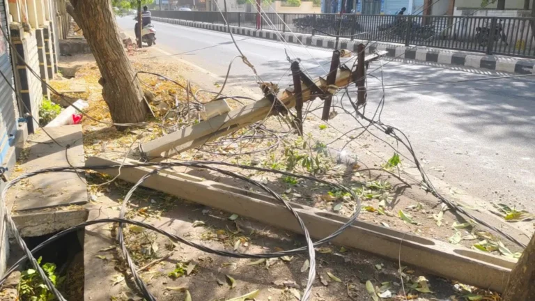 ધ્રાંગધ્રાના ક્લબ રોડ પર ભારે વાહનની ટક્કરે વીજપોલ ધરાશાયી: શોર્ટ સર્કિટ થતા અફડાતફડી