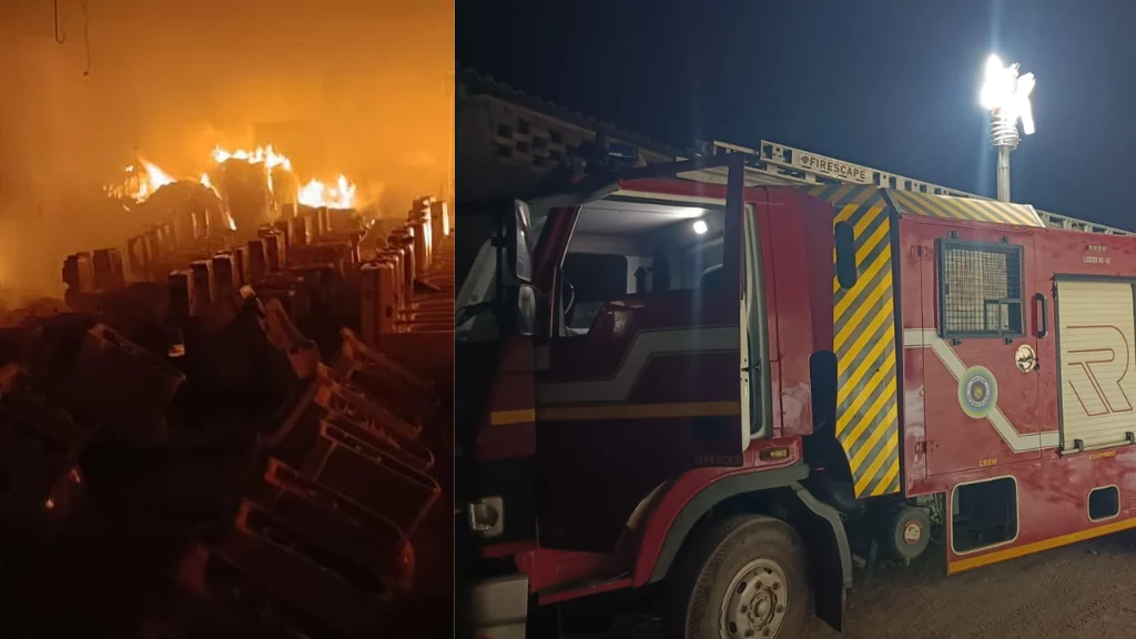 સુરેન્દ્રનગર: થાનગઢના સિરામિક ગોડાઉનમાં ભીષણ આગ, લાખોનો મુદ્દામાલ બળીને ખાખ