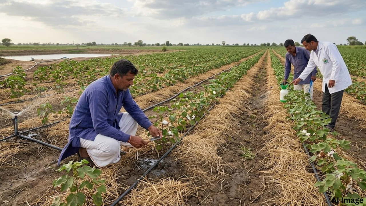 Farmer inspecting drought affected crops with drip irrigation and soil moisture conservation technique
