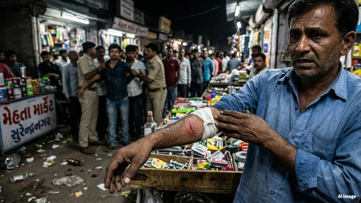 Injured trader receiving treatment after being attacked by drunkards in Mehta Market Surendranagar
