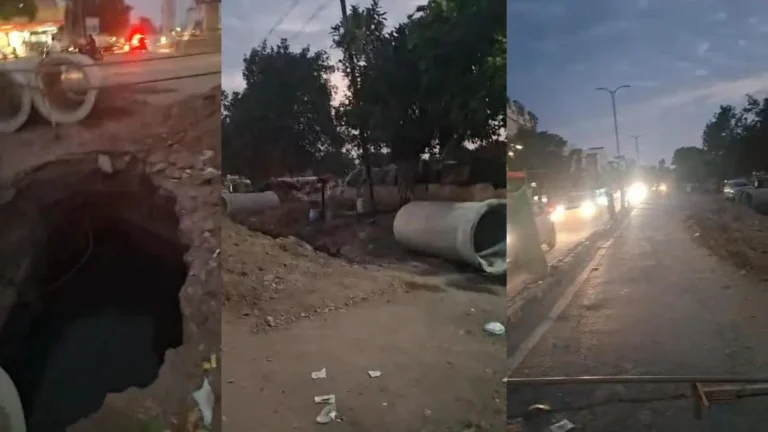 Road digging and pipeline construction work causing traffic jam on 80 Feet Road in Surendranagar